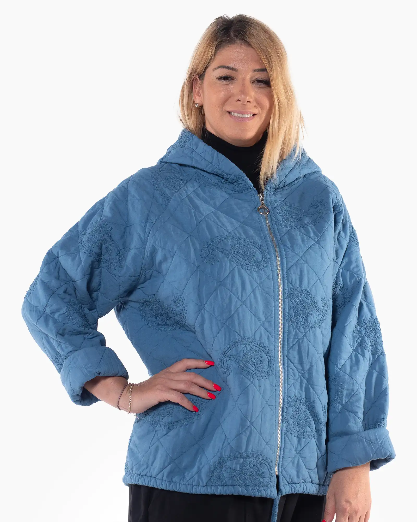 Geacă bleu matlasată de toamnă, cu design casual amplu și confortabil [3]
