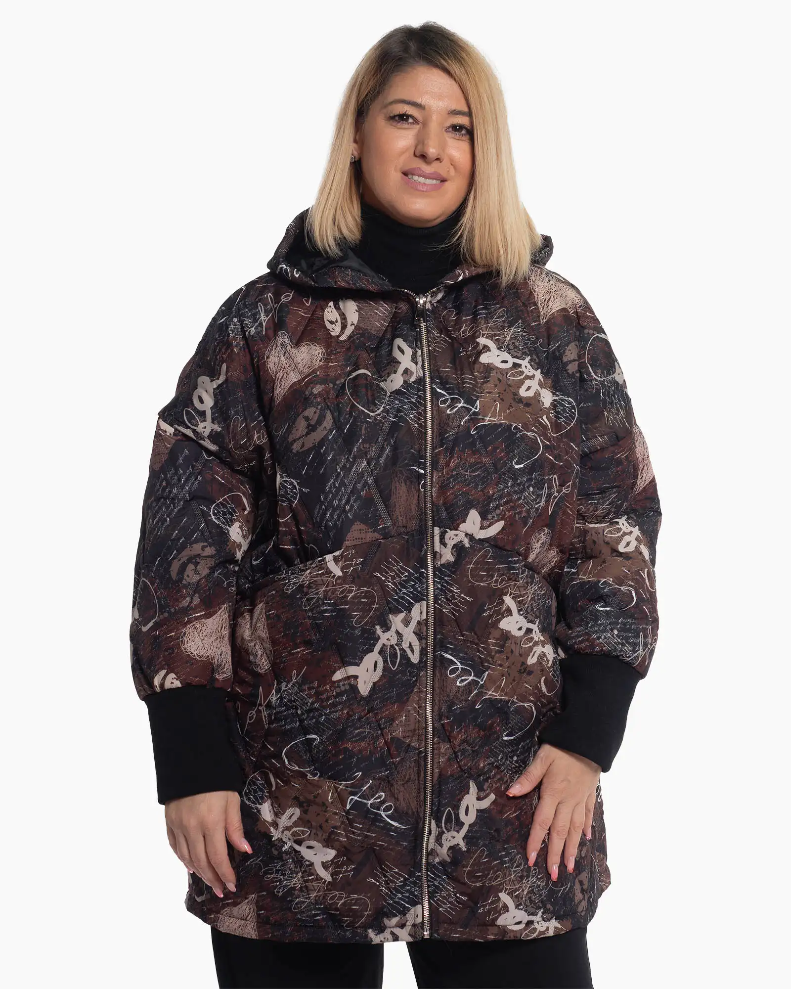 Geci Casual - Geacă boho maro cu imprimeu artistic și croială fluidă