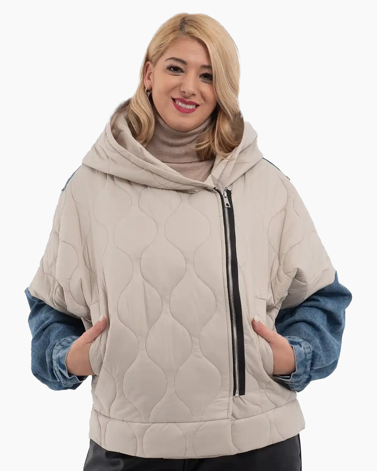 Geci Casual - Geacă chic de fâș cu blug, croială dreaptă și glugă nedetașabilă, crem