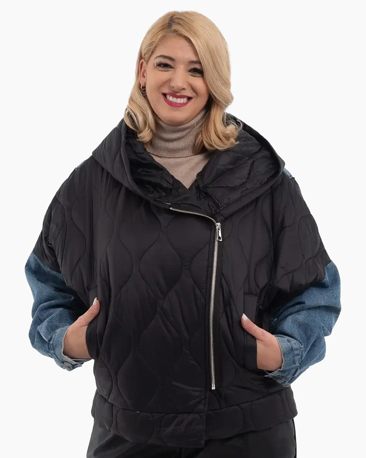 Geci Casual - Geacă chic de fâș cu blug, croială dreaptă și glugă nedetașabilă, neagră