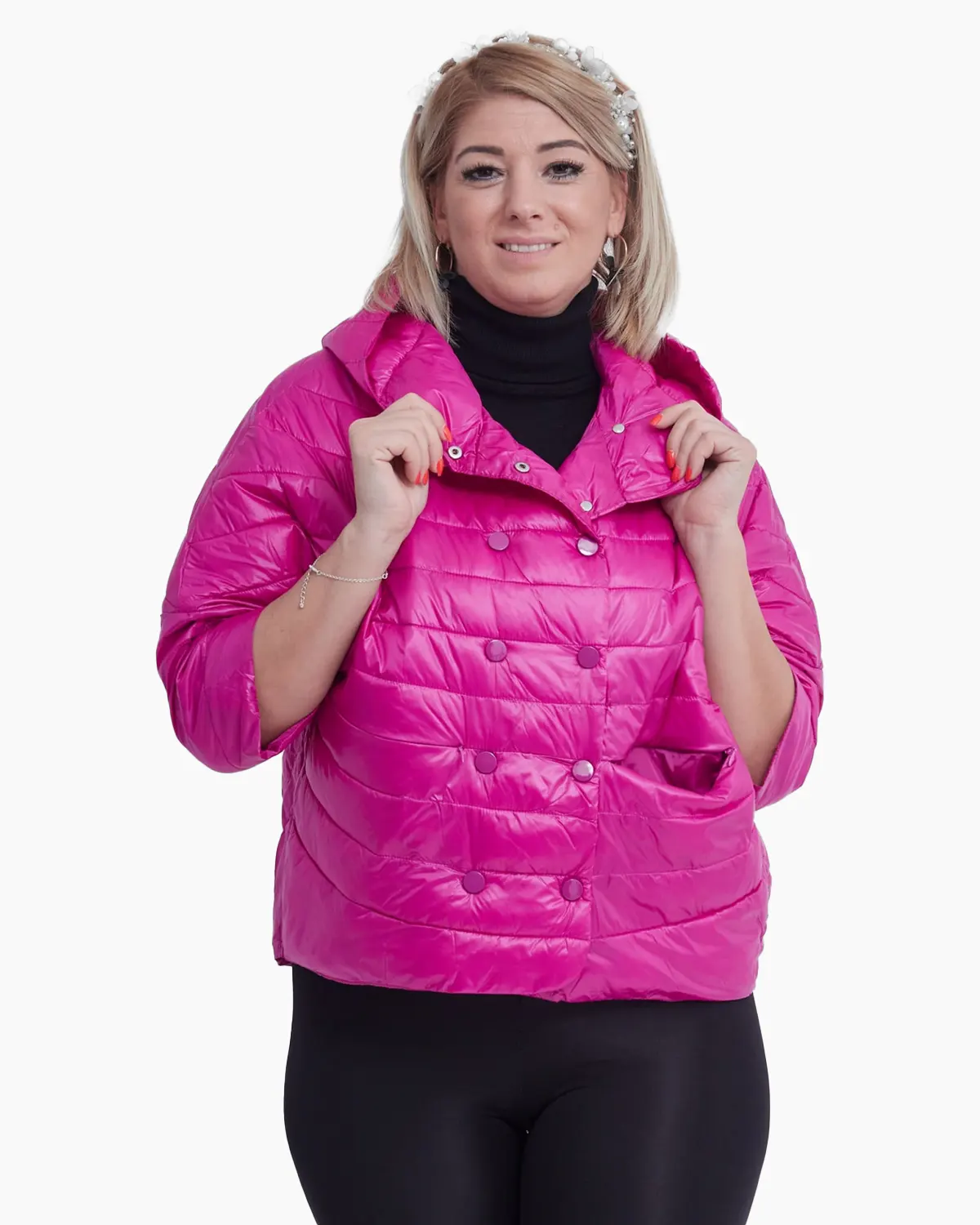 Geci Casual - Geaca ciclam oversize cu gluga si inchidere cu capse