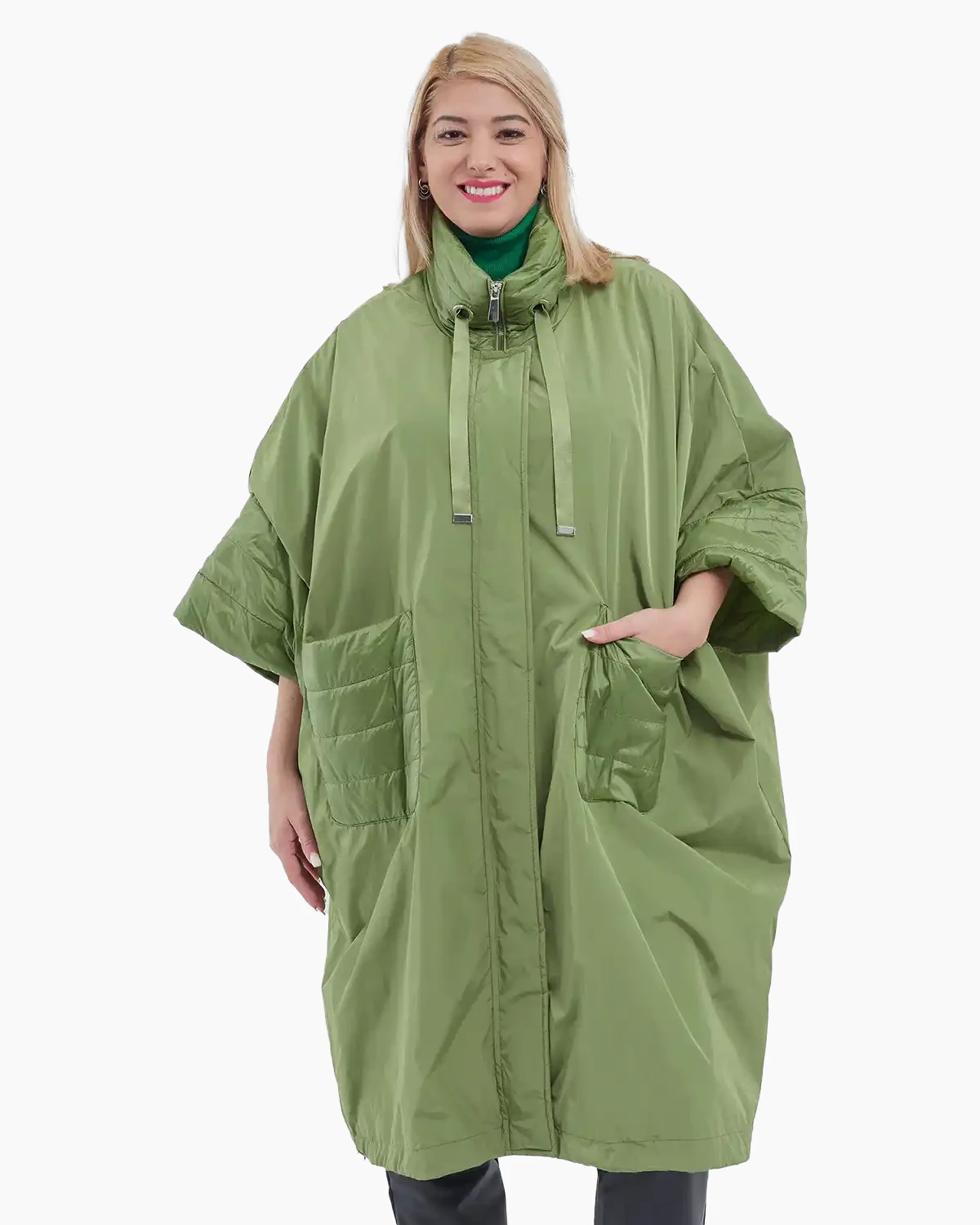 Geci Casual - Geacă damă midi cu croială fluture, stil casual chic pentru toamnă, vernil