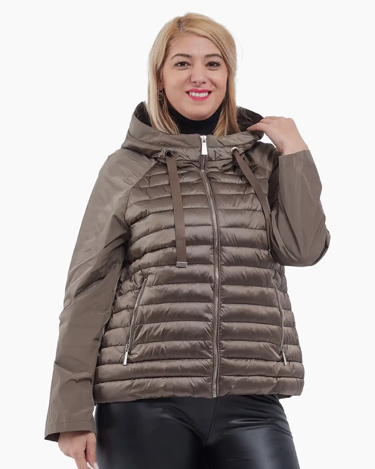 Geci Casual - Geacă damă scurtă, croială largă fluture, cu glugă și fermoar, bej fago