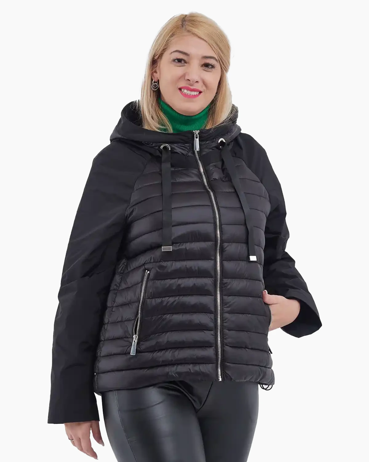 Geci Casual - Geacă damă scurtă, croială largă fluture, cu glugă și fermoar, neagră