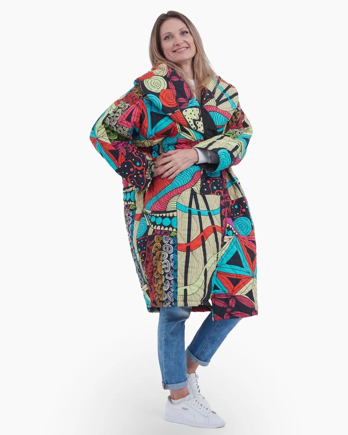 Geci Casual - Geaca din bumbac cu guler rotund, model cromatic galben, albastru si rosu