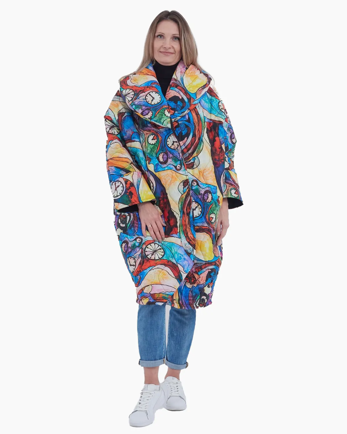 Geci Casual - Geaca din bumbac cu guler rotund, model timp, abstract