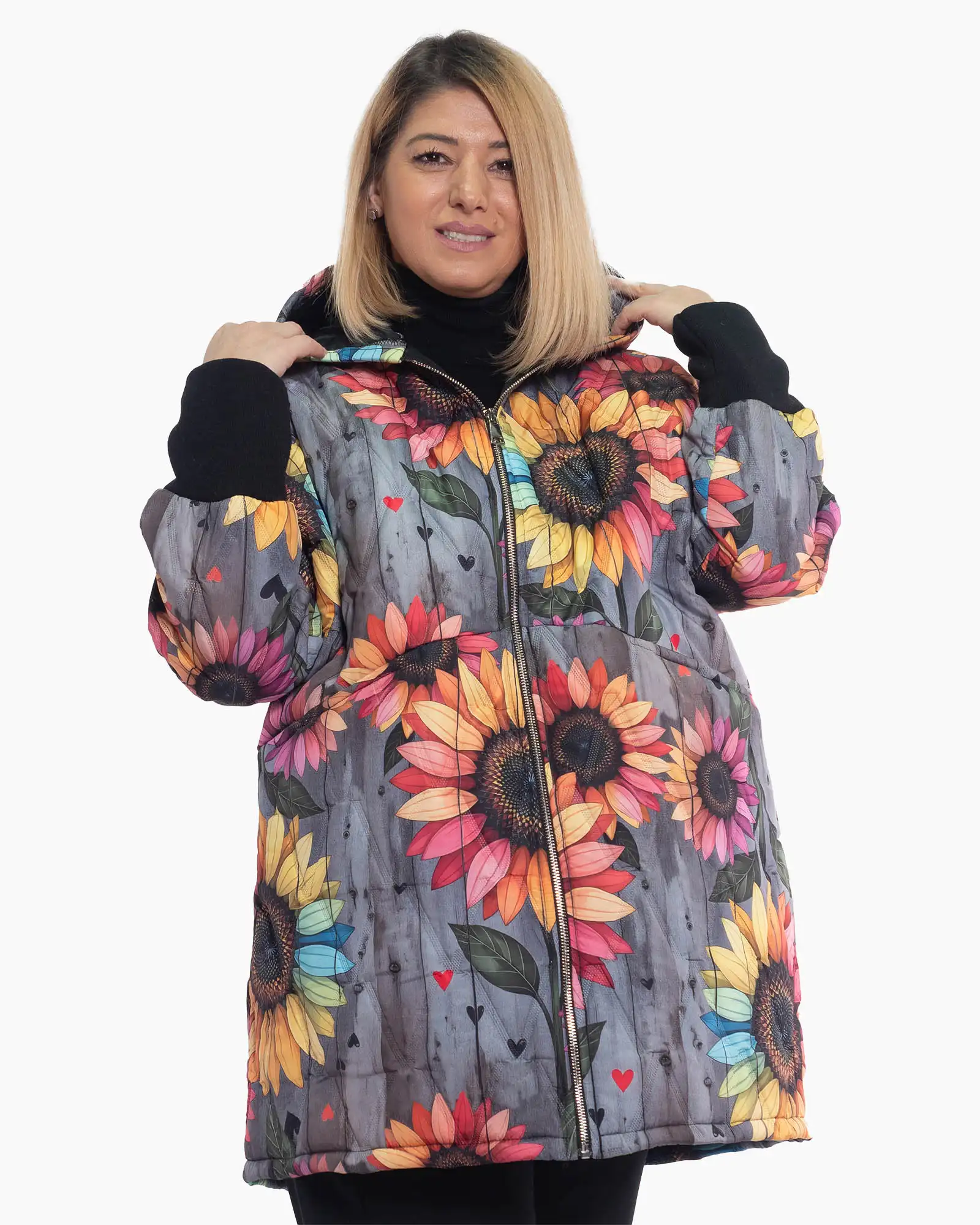Geacă gri fluidă în stil boho cu imprimeu artistic [3]