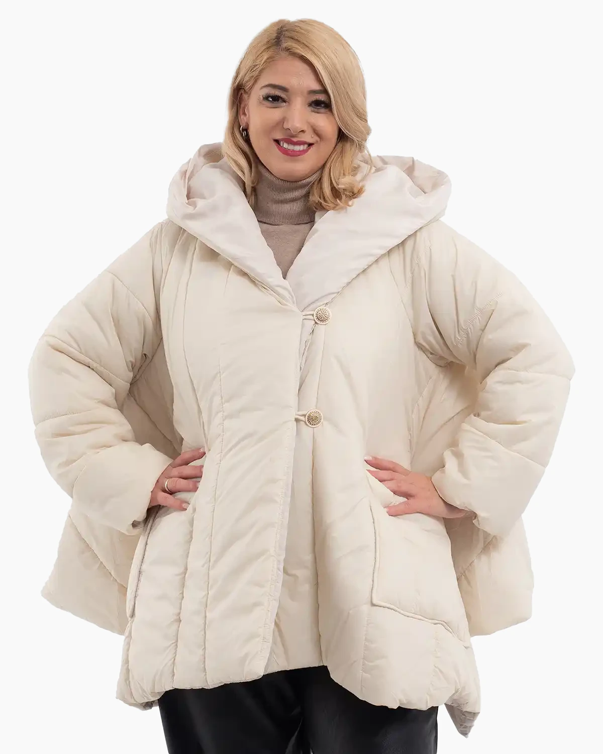 Geci Casual - Geacă largă asimetrică cu glugă și nasturi eleganți, albă