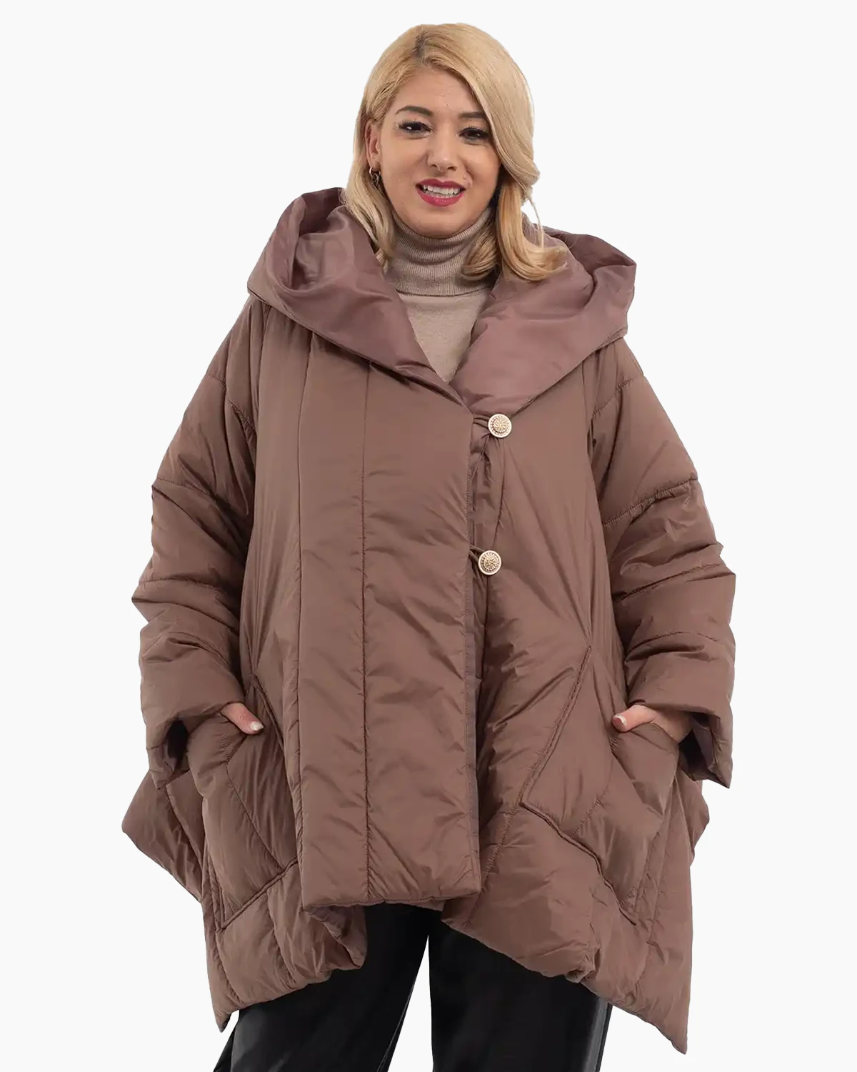 Geci Casual - Geacă largă asimetrică cu glugă și nasturi eleganți, ciocolatiu