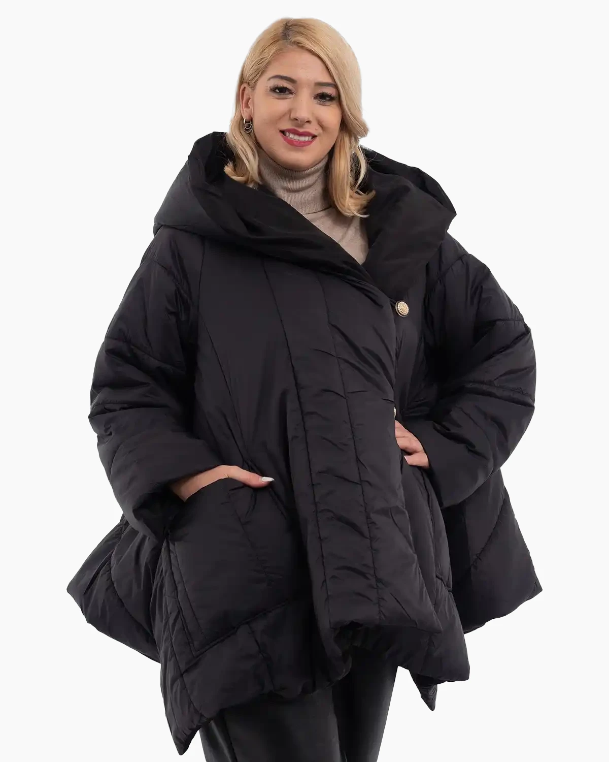 Geci Casual - Geacă largă asimetrică cu glugă și nasturi eleganți, neagră