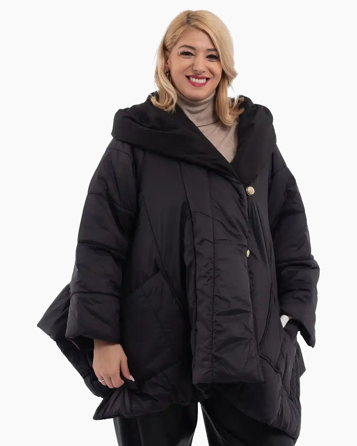 Geacă largă asimetrică cu glugă și nasturi eleganți, neagră [2]
