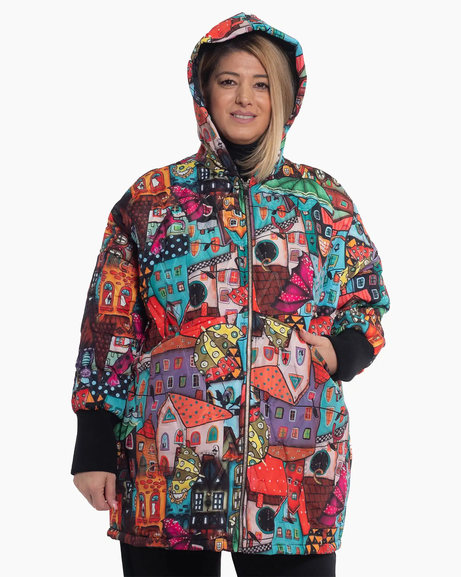 Geacă lungă boho cu linie fluidă și imprimeu artistic multicolor [2]