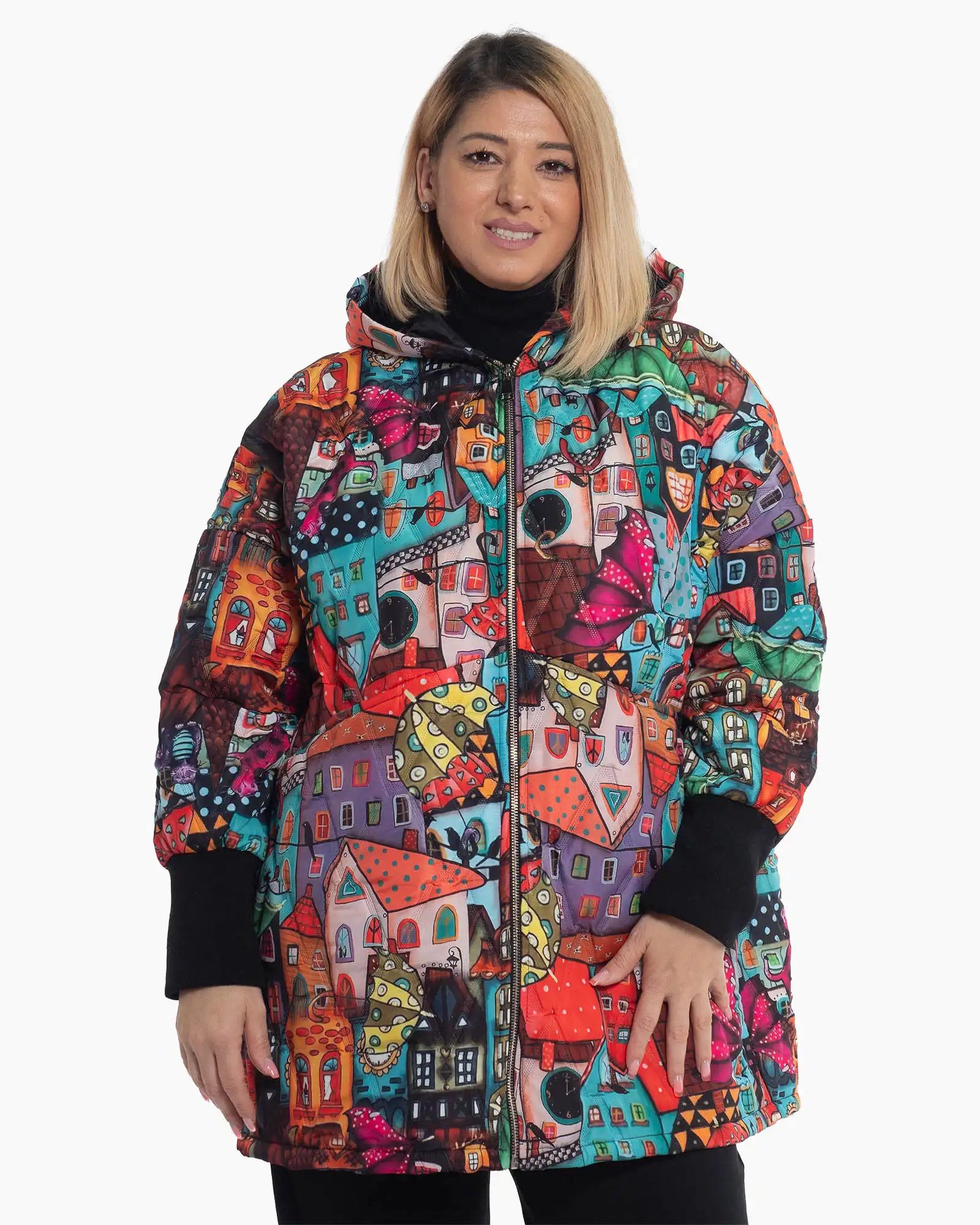 Geci Casual - Geacă lungă boho cu linie fluidă și imprimeu artistic multicolor