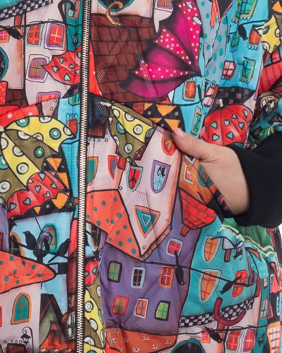 Geacă lungă boho cu linie fluidă și imprimeu artistic multicolor [4]