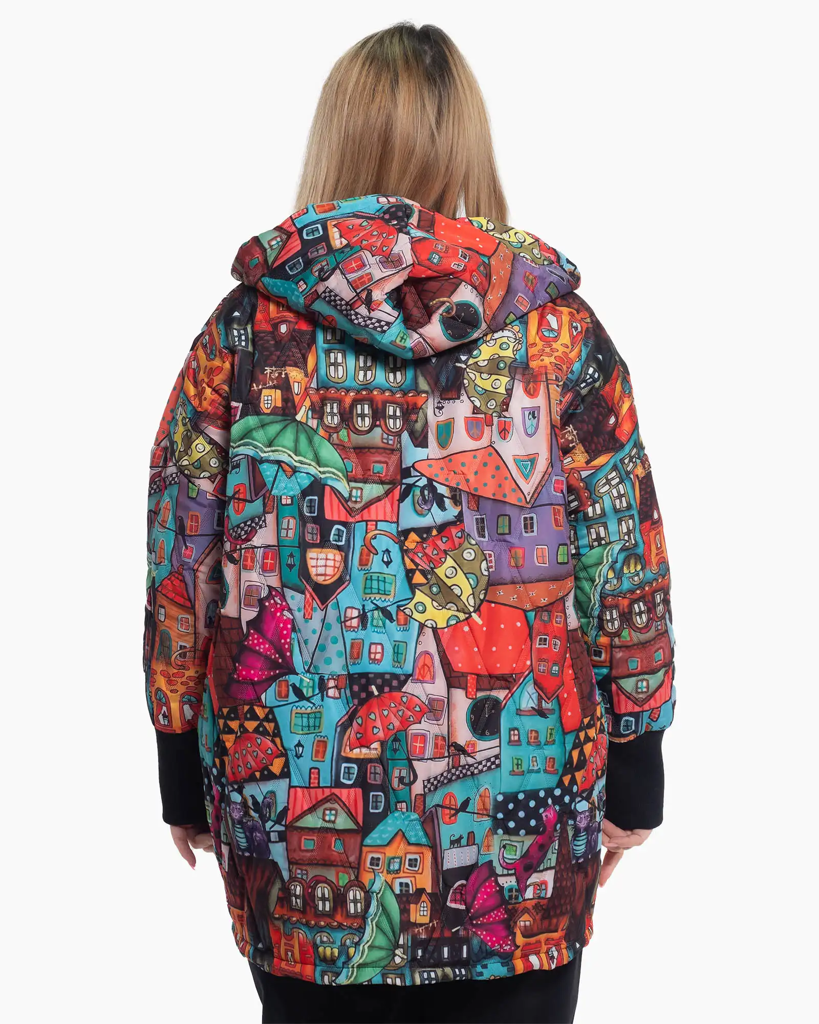 Geacă lungă boho cu linie fluidă și imprimeu artistic multicolor [1]