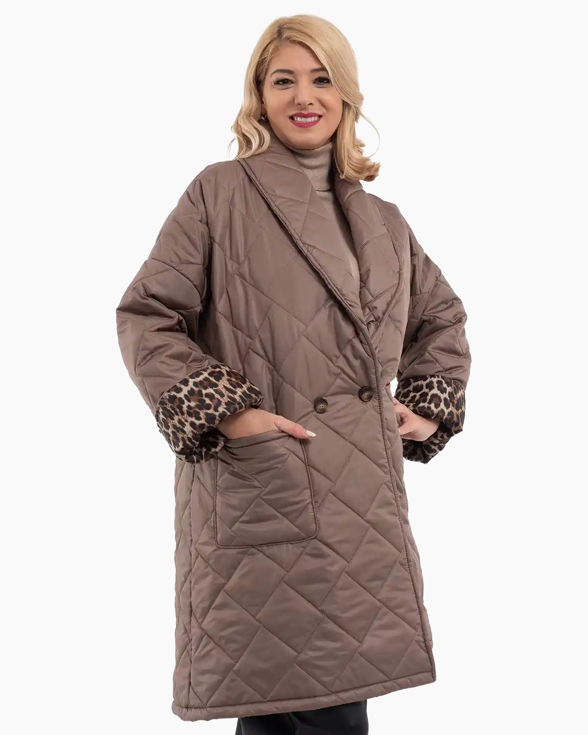 Geacă lungă matlasată cu guler șal și căptușeală leopard, ciocolatiu [2]