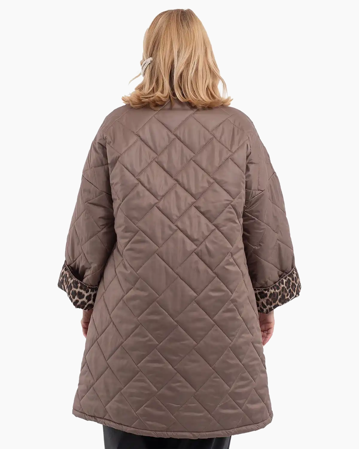 Geacă lungă matlasată cu guler șal și căptușeală leopard, ciocolatiu [3]