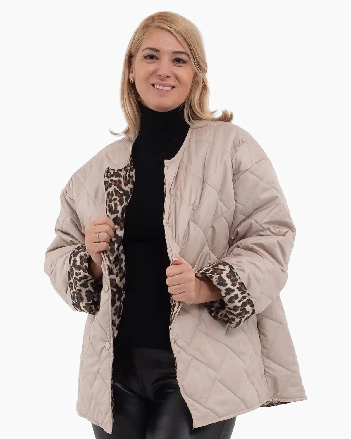 Geci Casual - Geacă matlasată subțire asimetrică bej cu căptușeală leopard