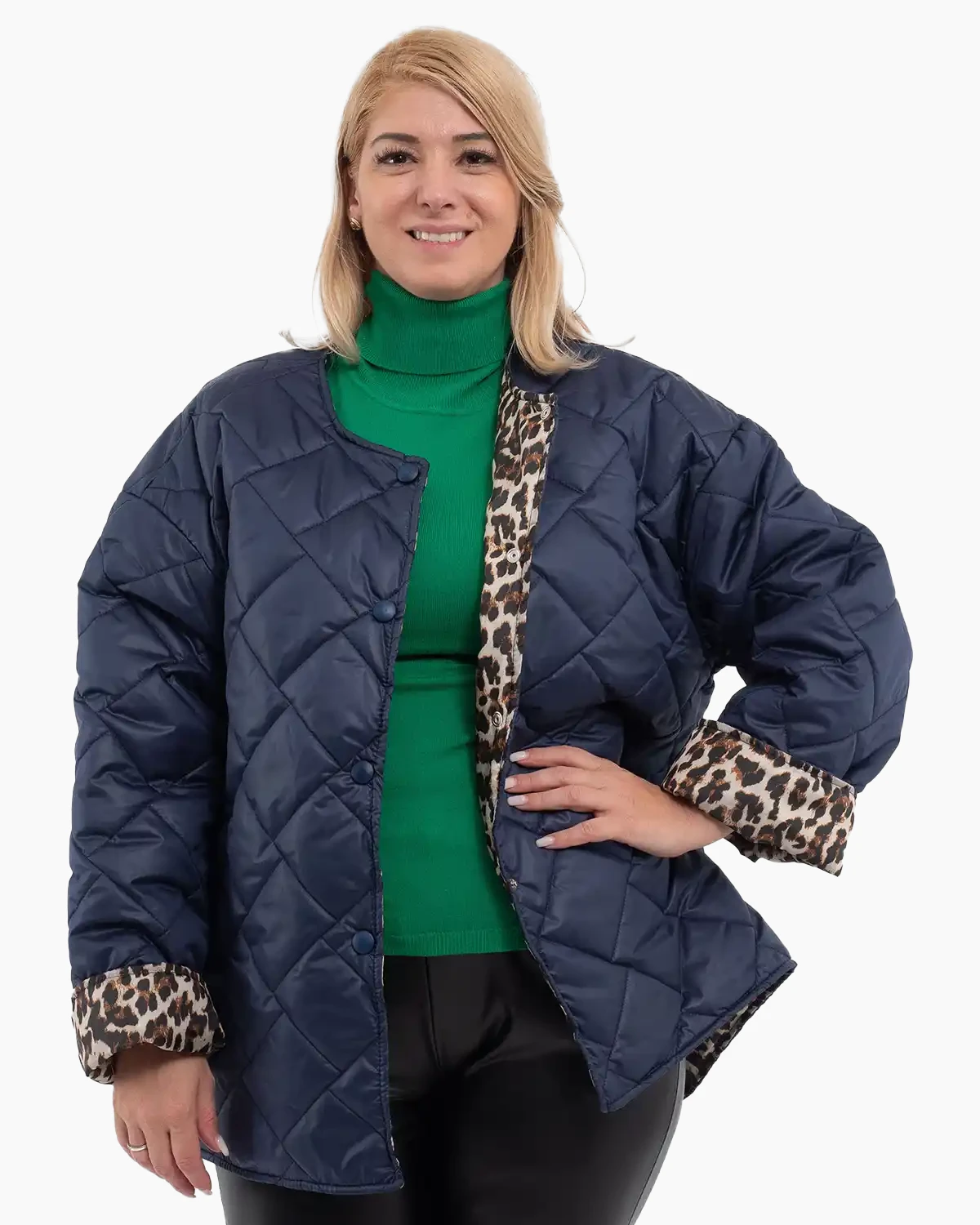 Geci Casual - Geacă matlasată subțire asimetrică bleumarin cu căptușeală leopard