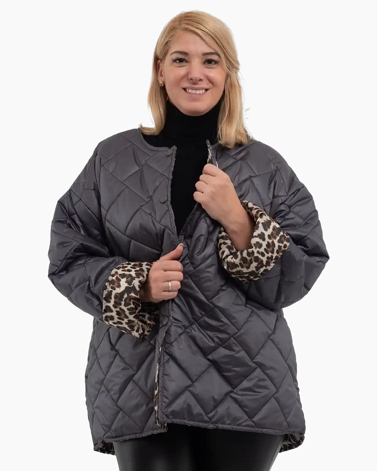 Geci Casual - Geacă matlasată subțire asimetrică gri cu căptușeală leopard