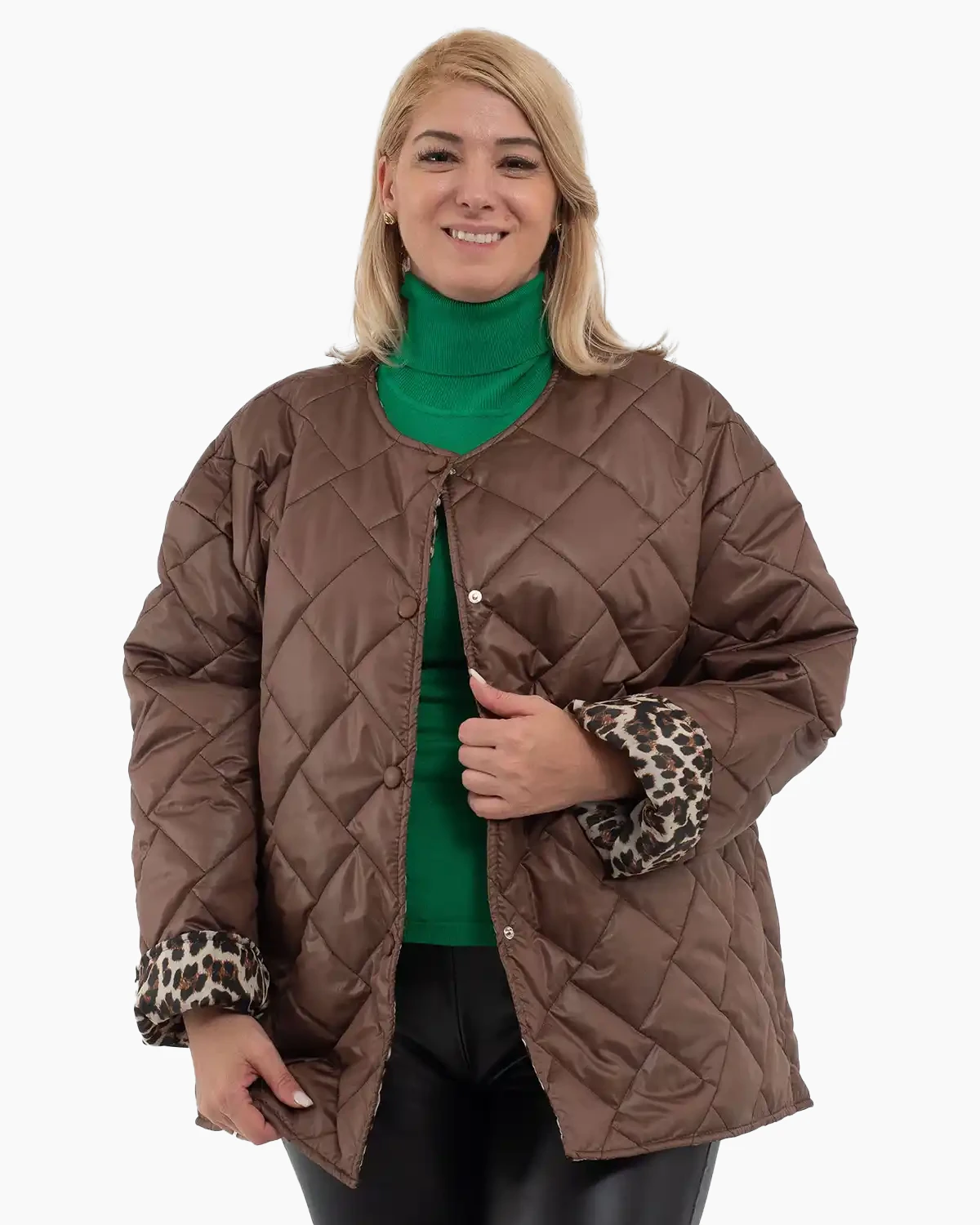 Geci Casual - Geacă matlasată subțire asimetrică maro cu căptușeală leopard