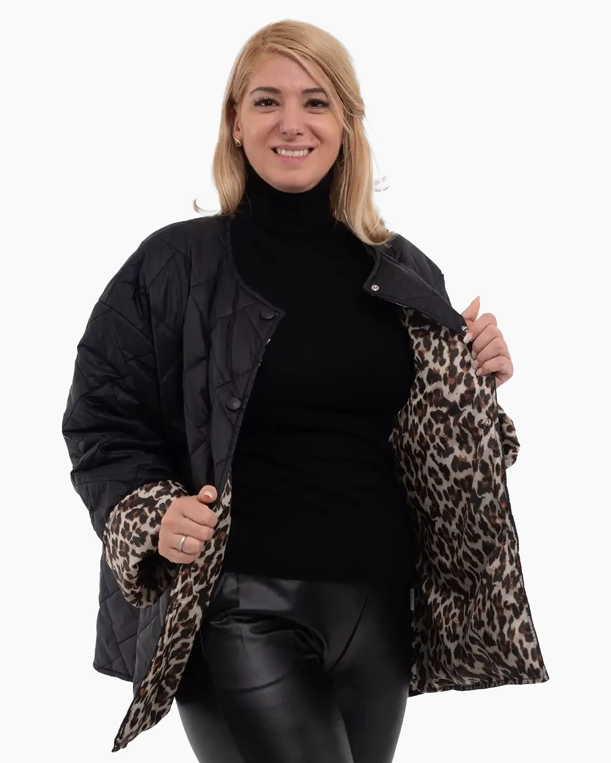 Geci Casual - Geacă matlasată subțire asimetrică neagră cu căptușeală leopard