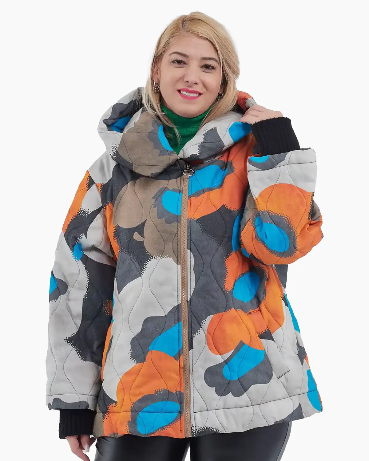 Geci Casual - Geacă midi cu imprimeu abstract și glugă, stil casual