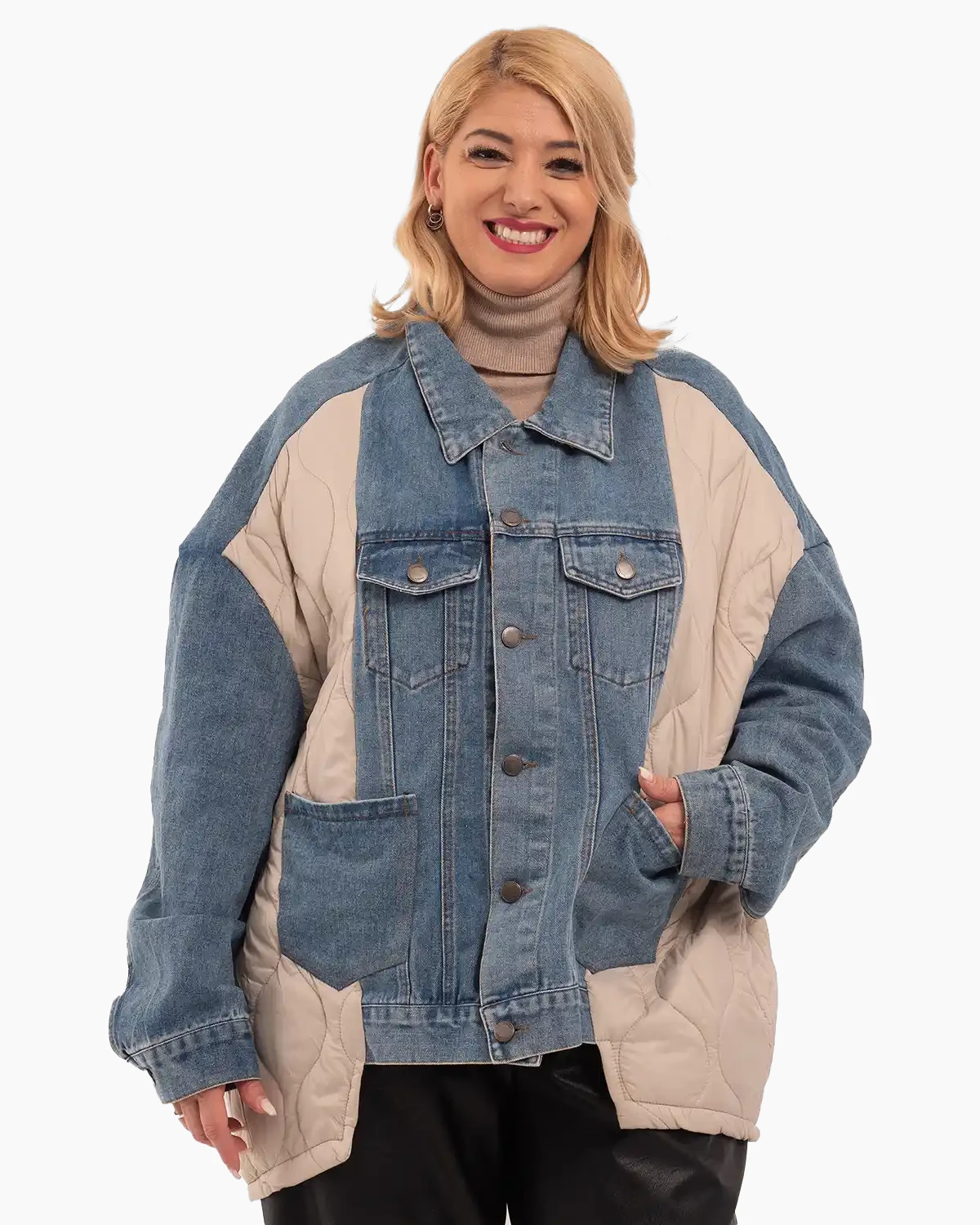 Geci Casual - Geacă midi de damă din fâș și blug cu buzunare mari și nasturi