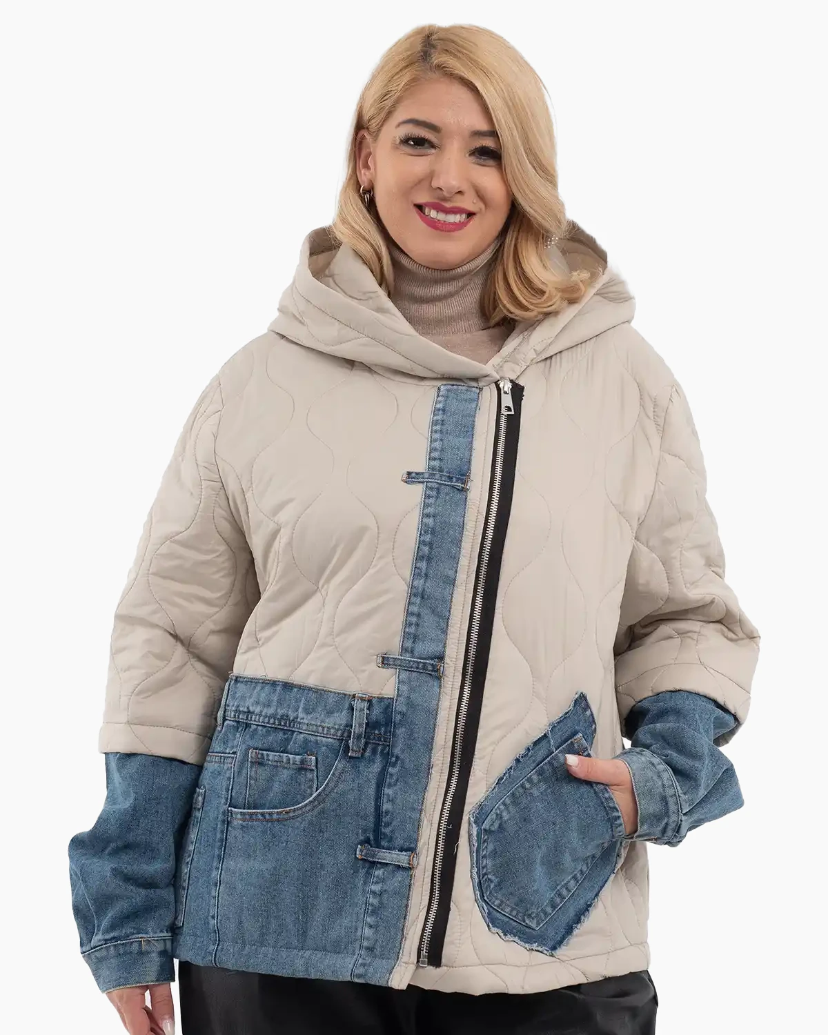 Geci Casual - Geacă midi din fâș și blug cu glugă și fermoar diagonal, crem