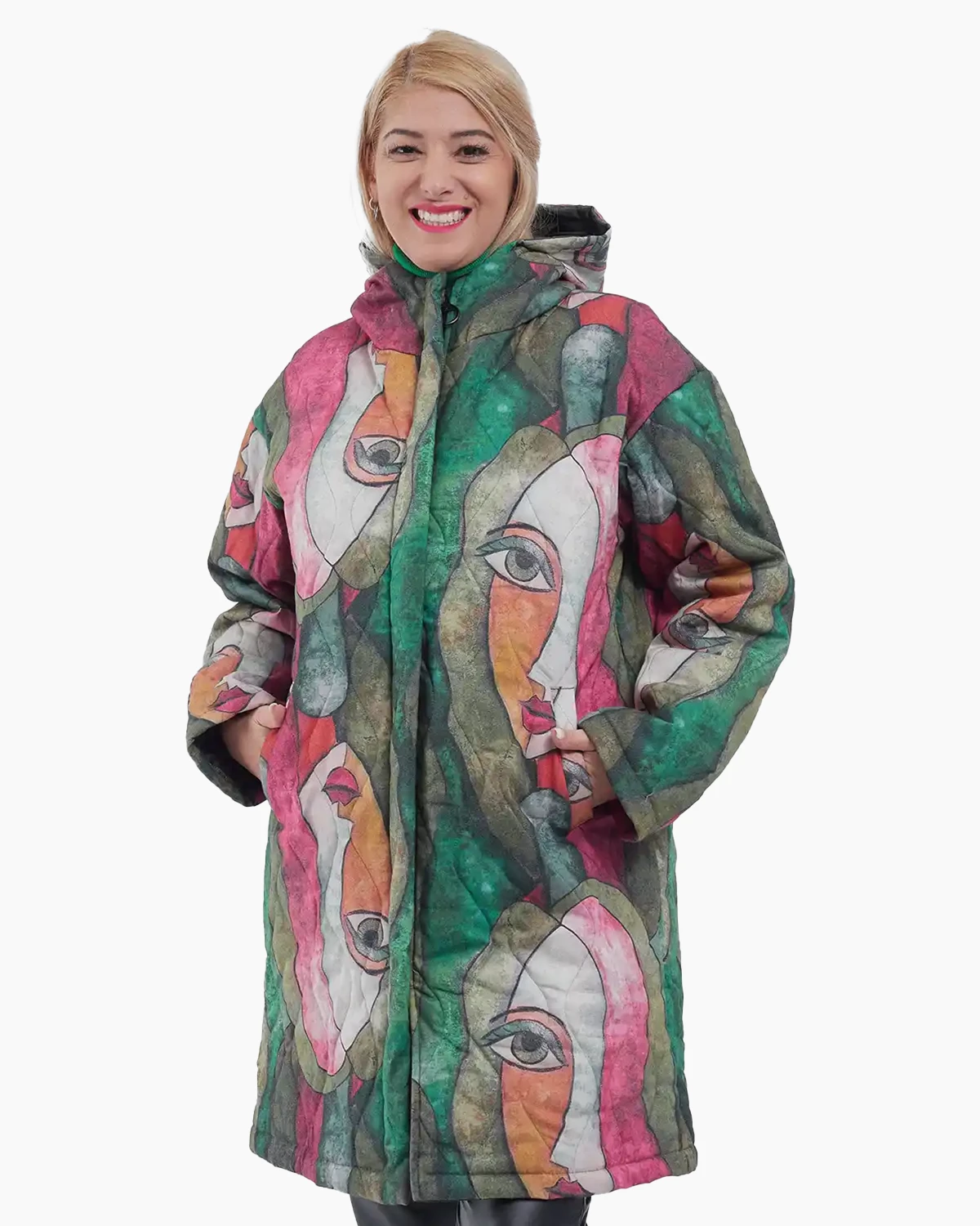 Geci Casual - Geacă midi multicoloră cu imprimeu abstract stil Picasso cu glugă, verde cu roz