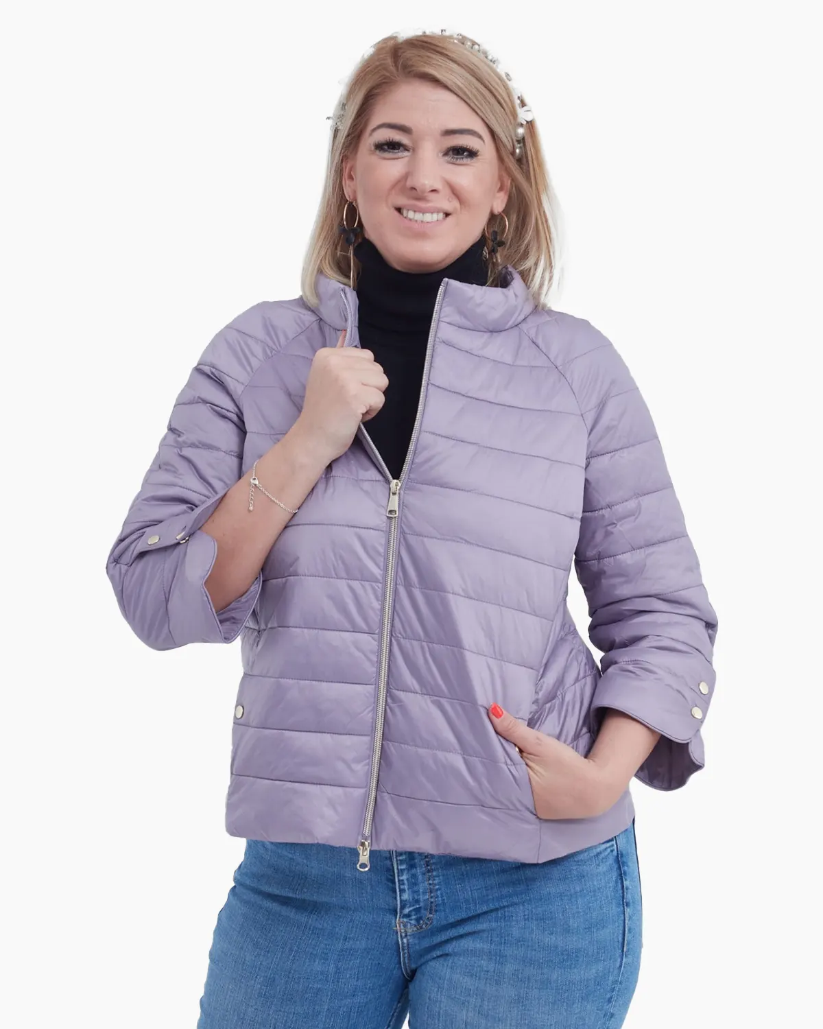 Geci Casual - Geaca mov cu maneca trei sferturi accesorizate cu capse