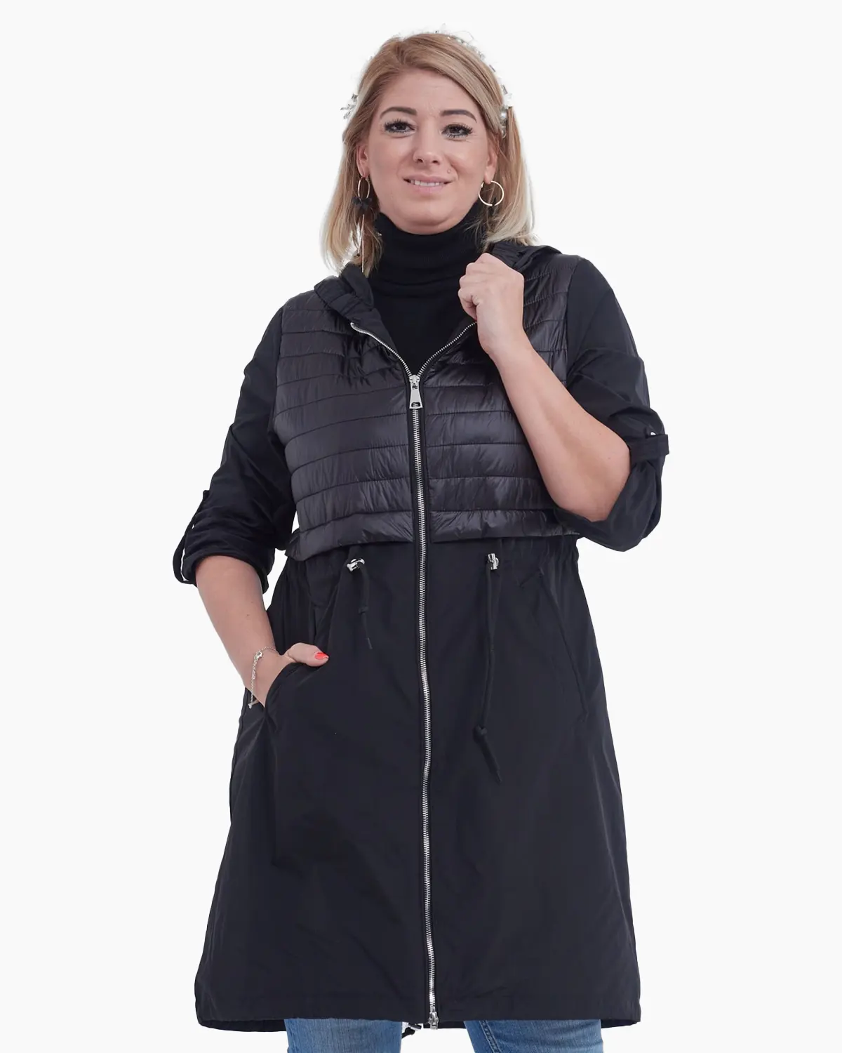 Geci Casual - Geaca neagra casual midi croi usor evazat
