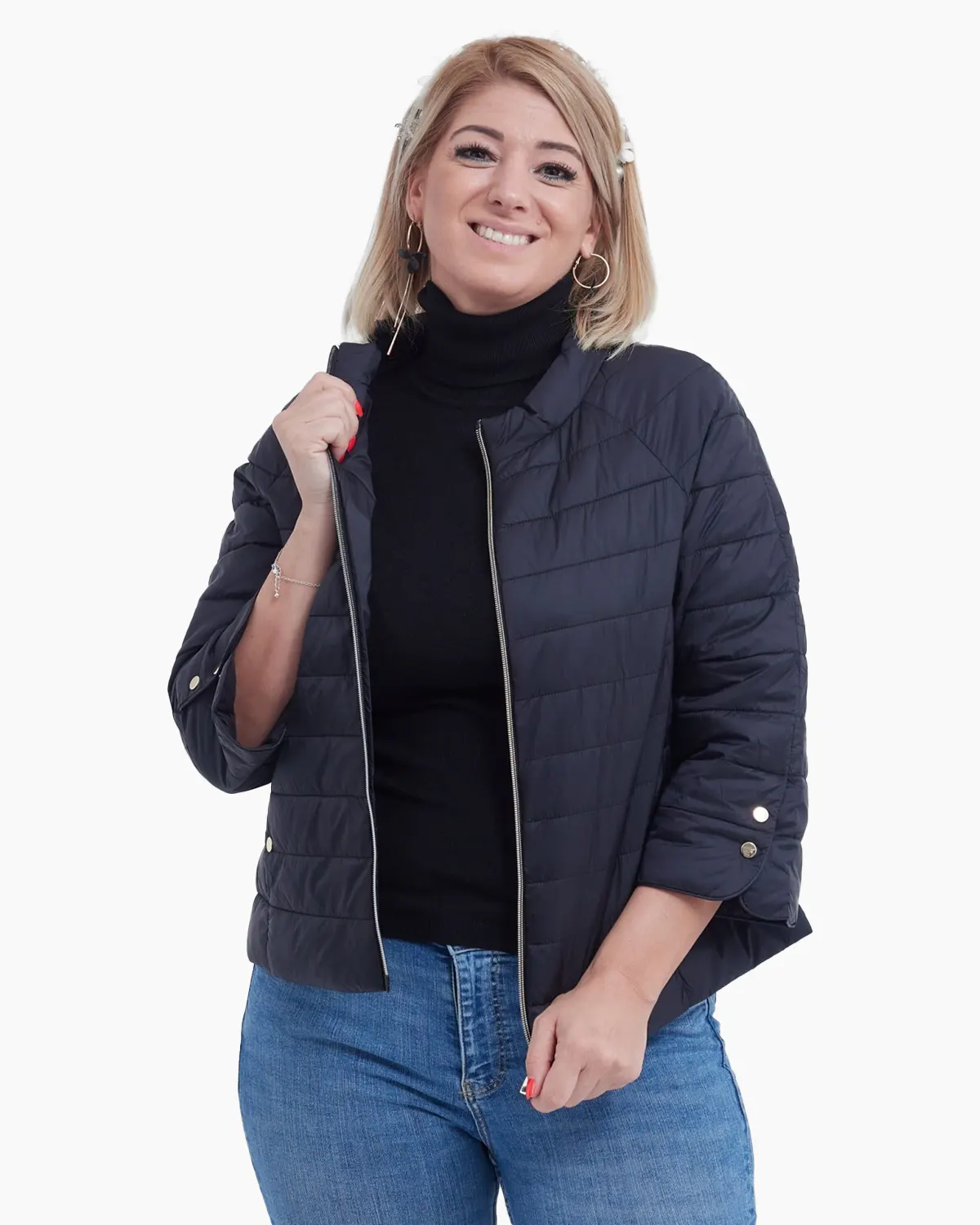 Geci Casual - Geaca neagra cu maneca trei sferturi accesorizate cu capse