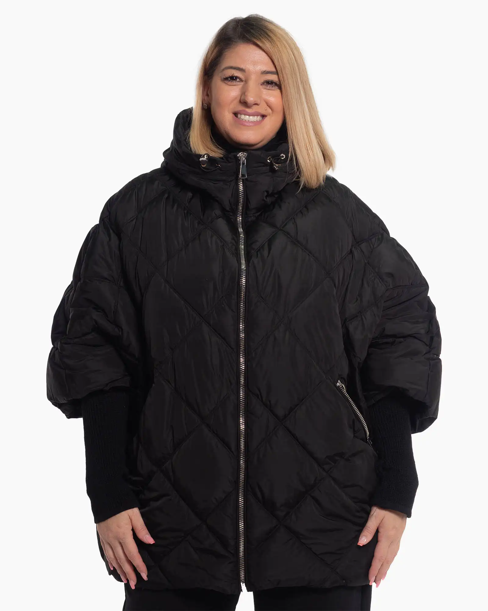 Geci Casual - Geacă neagră lungă, cu design matlasat în romburi și glugă