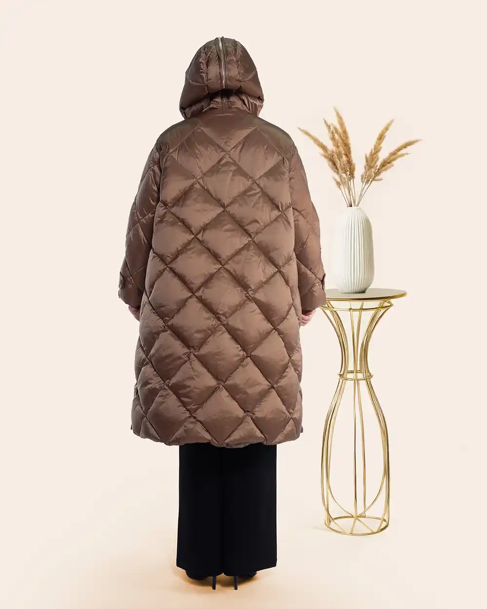 Geacă parka midi cappuccino matlasată cu puf și glugă [1]