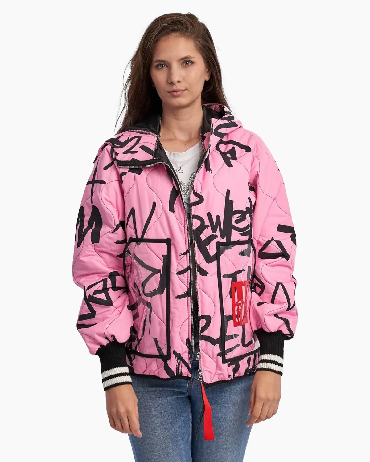 Geci Casual - Geaca roz cu gluga si scris negru