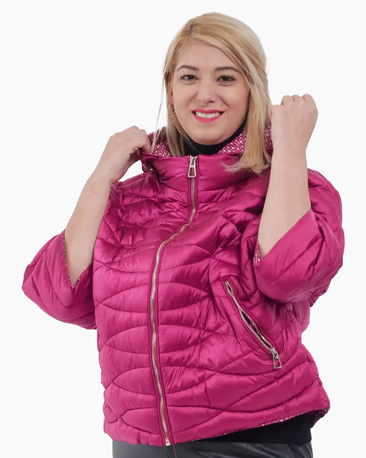 Geci Casual - Geacă scurtă cu croială fluture, cusături ondulate și glugă detașabilă, fucsia