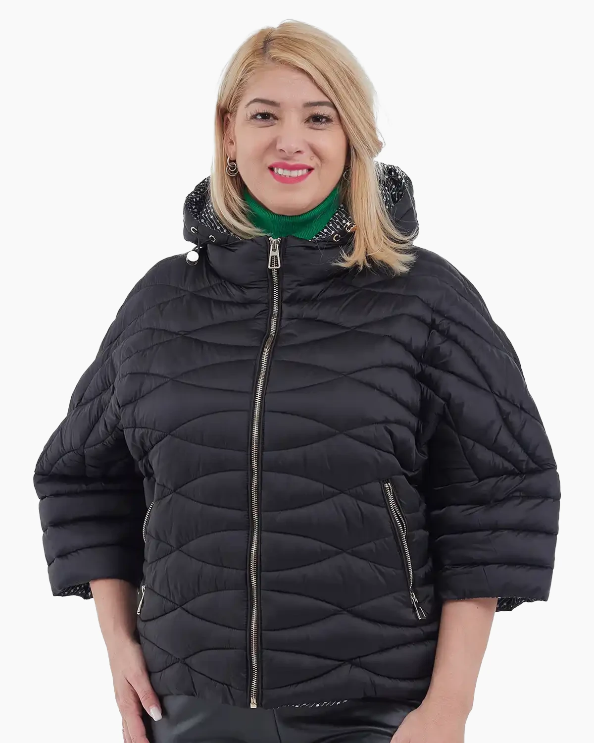 Geci Casual - Geacă scurtă cu croială fluture, cusături ondulate și glugă detașabilă, neagră
