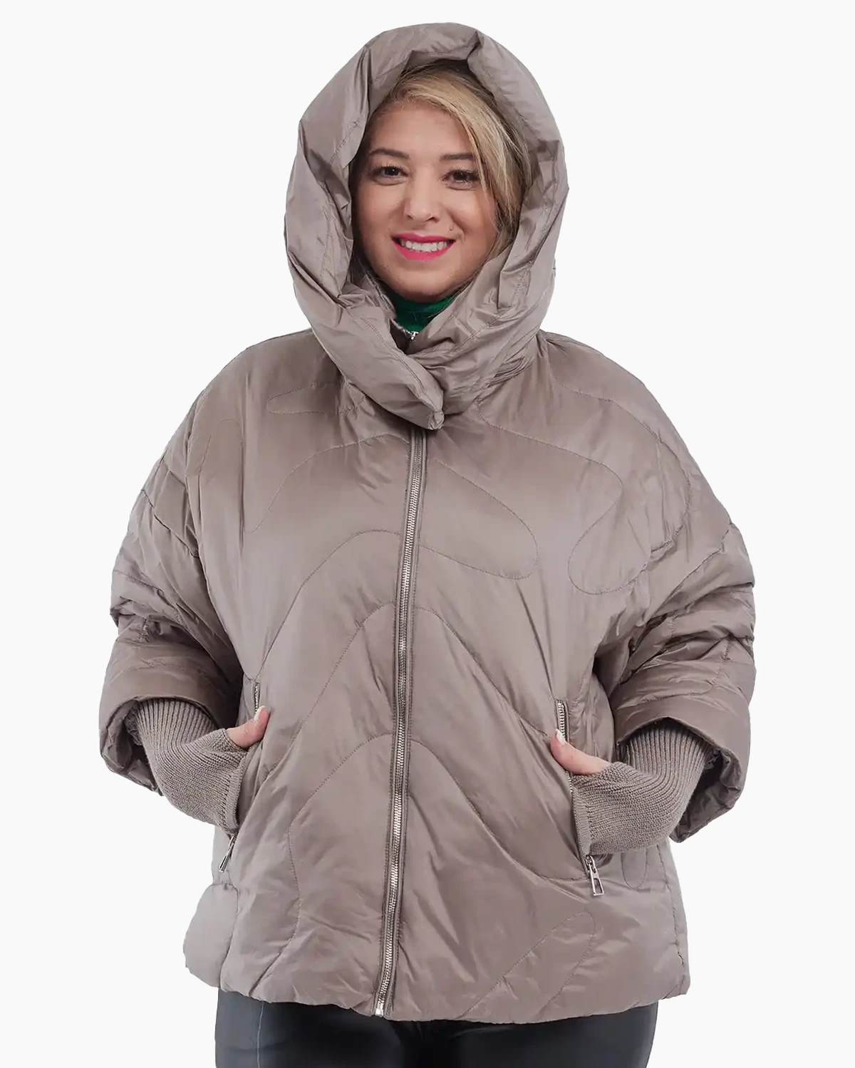 Geacă scurtă din fâș, umplută cu puf, glugă detașabilă, stil urban chic, bej fango [2]