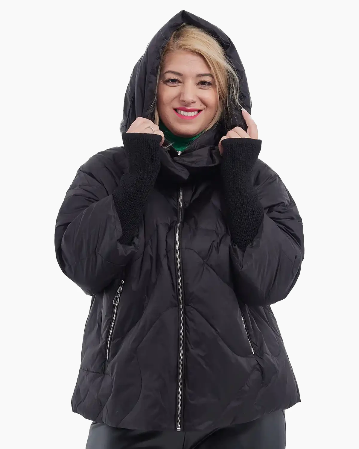 Geacă scurtă din fâș, umplută cu puf, glugă detașabilă, stil urban chic, neagră [3]