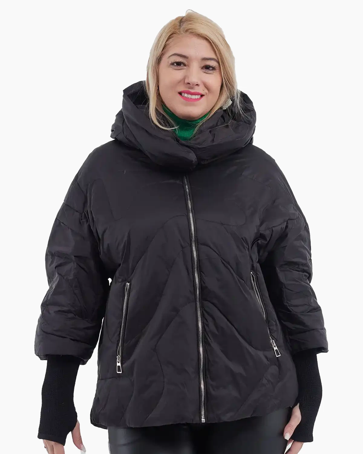 Geci Casual - Geacă scurtă din fâș, umplută cu puf, glugă detașabilă, stil urban chic, neagră