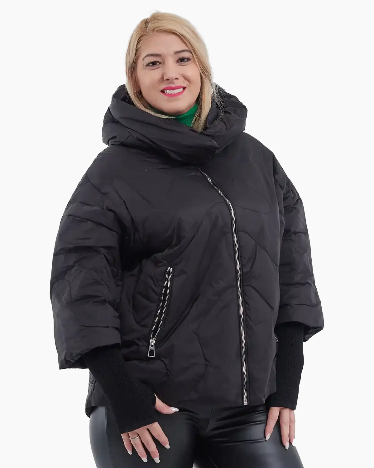 Geacă scurtă din fâș, umplută cu puf, glugă detașabilă, stil urban chic, neagră [2]