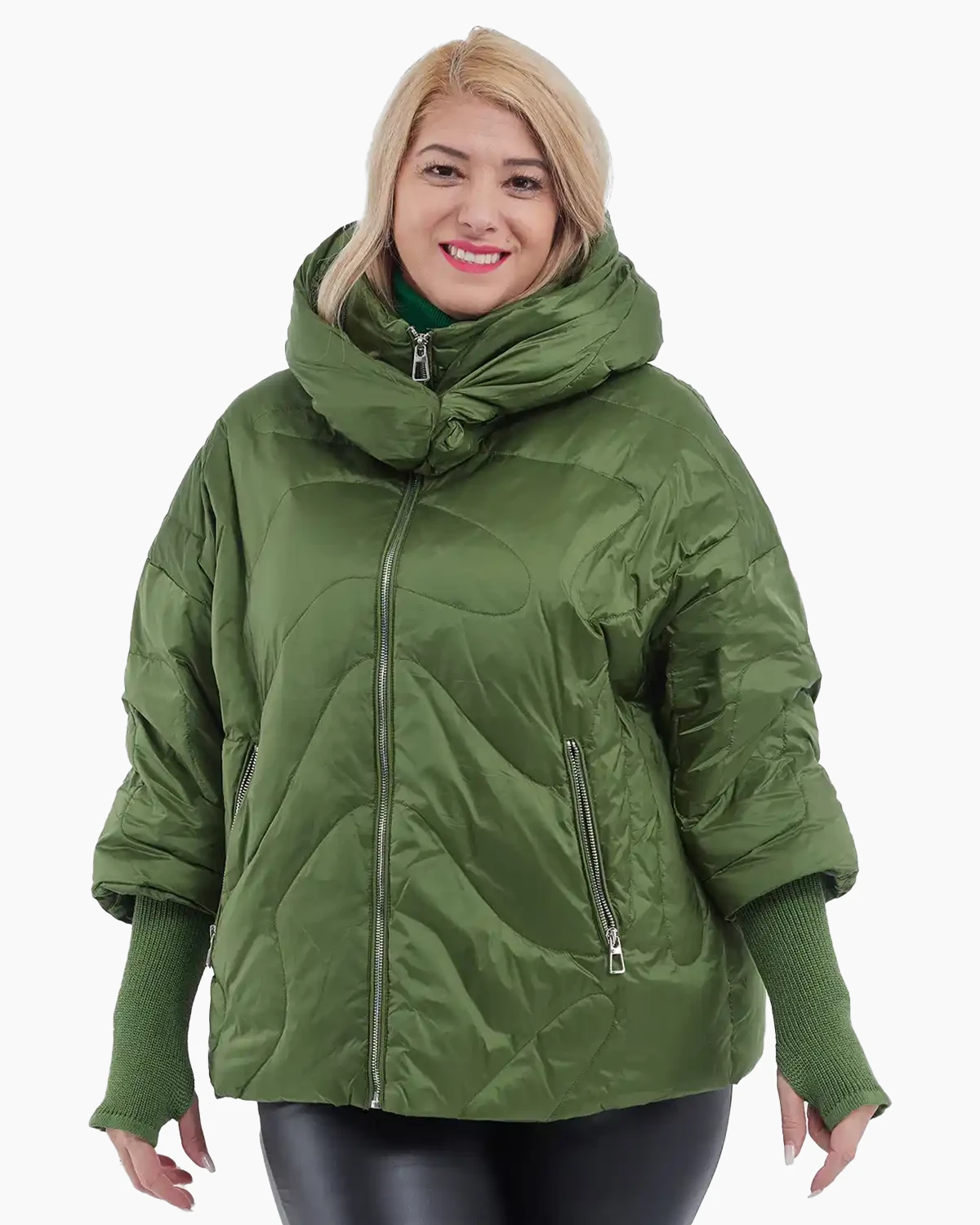 Geacă scurtă din fâș, umplută cu puf, glugă detașabilă, stil urban chic, verde [2]