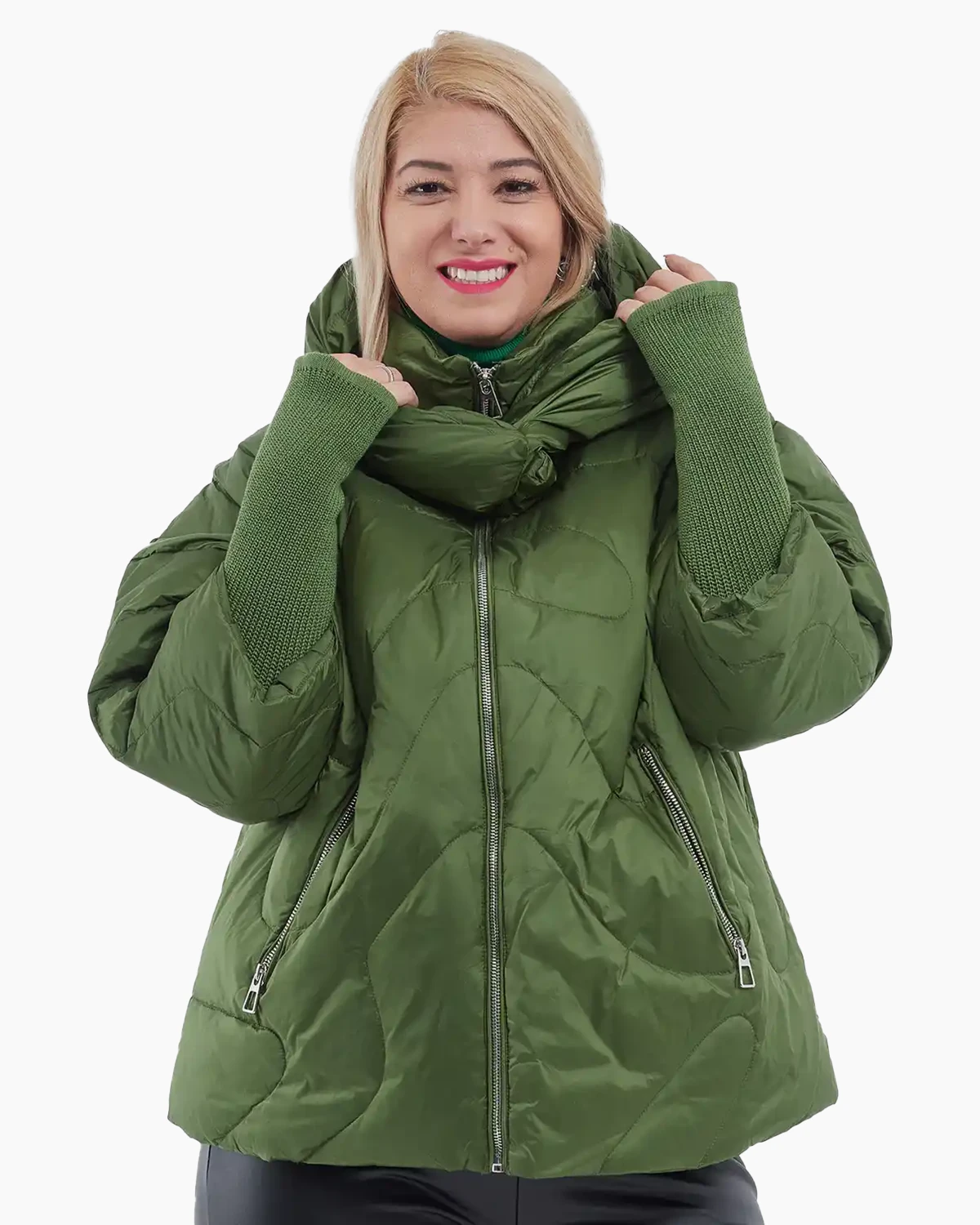 Geci Casual - Geacă scurtă din fâș, umplută cu puf, glugă detașabilă, stil urban chic, verde