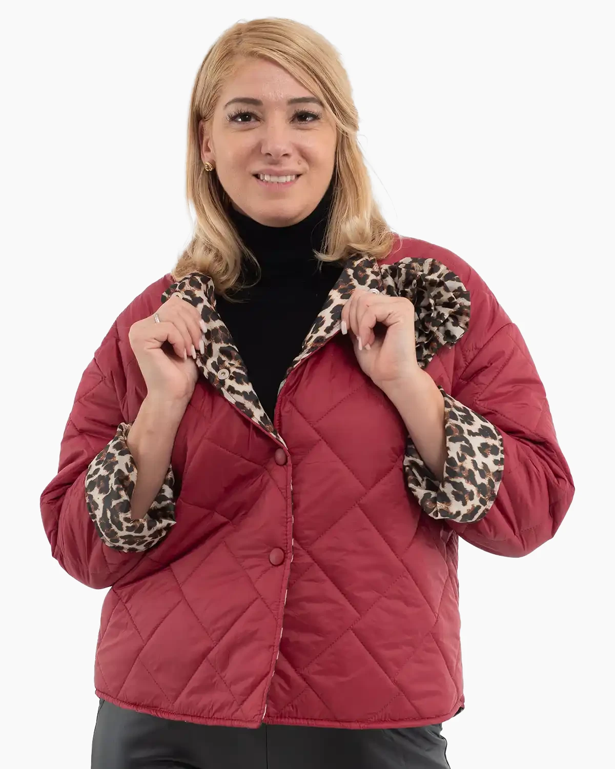 Geci Casual - Geacă scurtă matlasată cu broșă floare, grena căptușeală leopard
