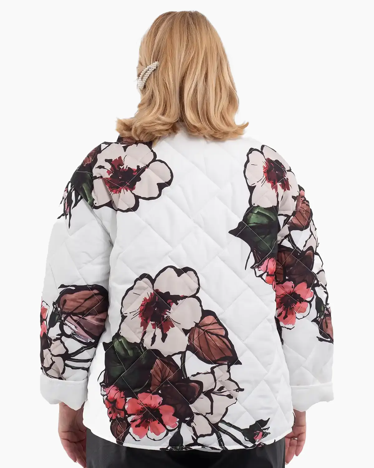 Geacă scurtă matlasată cu imprimeu floral și capse, albă [1]