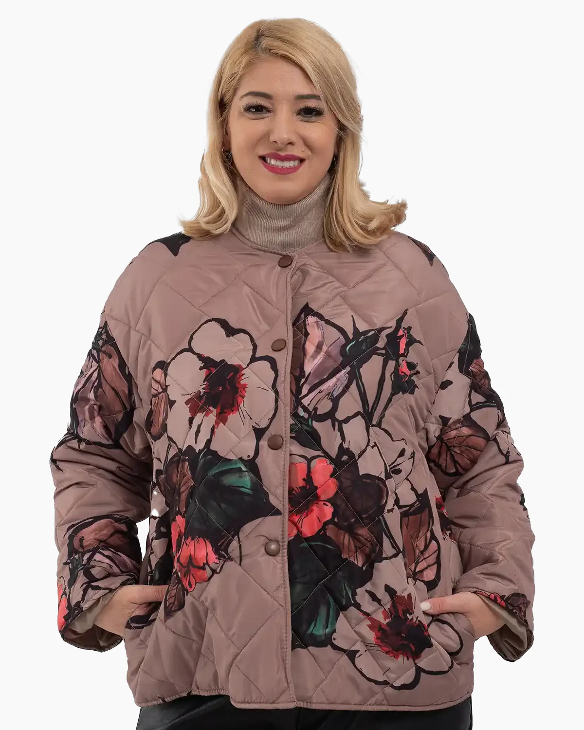 Geci Casual - Geacă scurtă matlasată cu imprimeu floral și capse, bej fango
