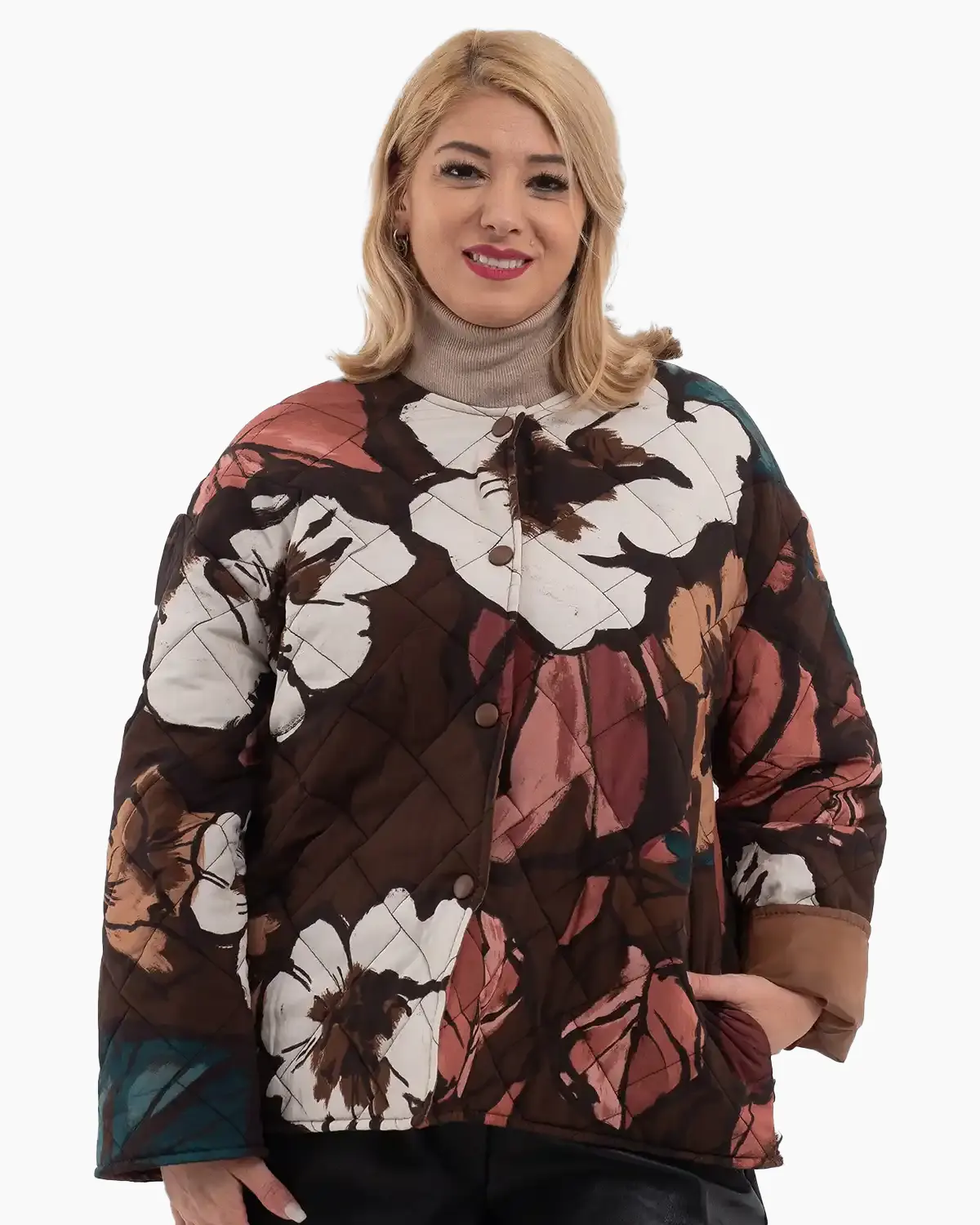 Geci Casual - Geacă scurtă matlasată cu imprimeu floral și capse, maro