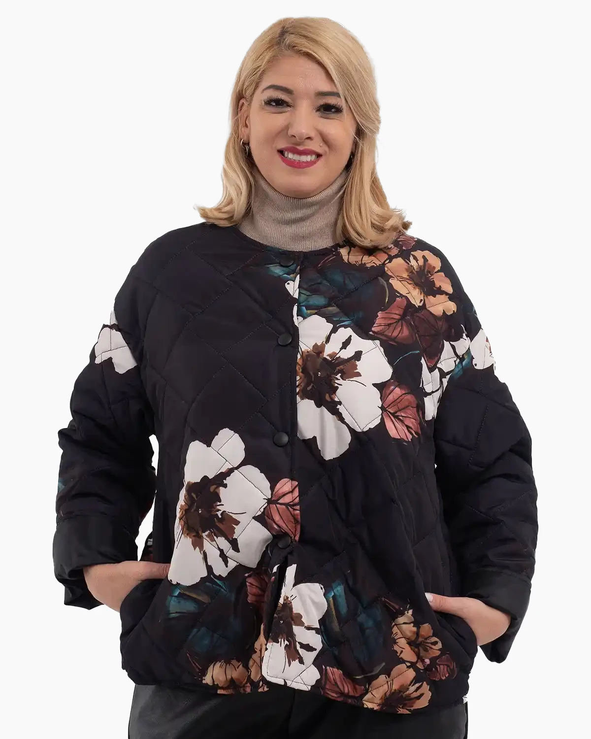Geci Casual - Geacă scurtă matlasată cu imprimeu floral și capse, neagră