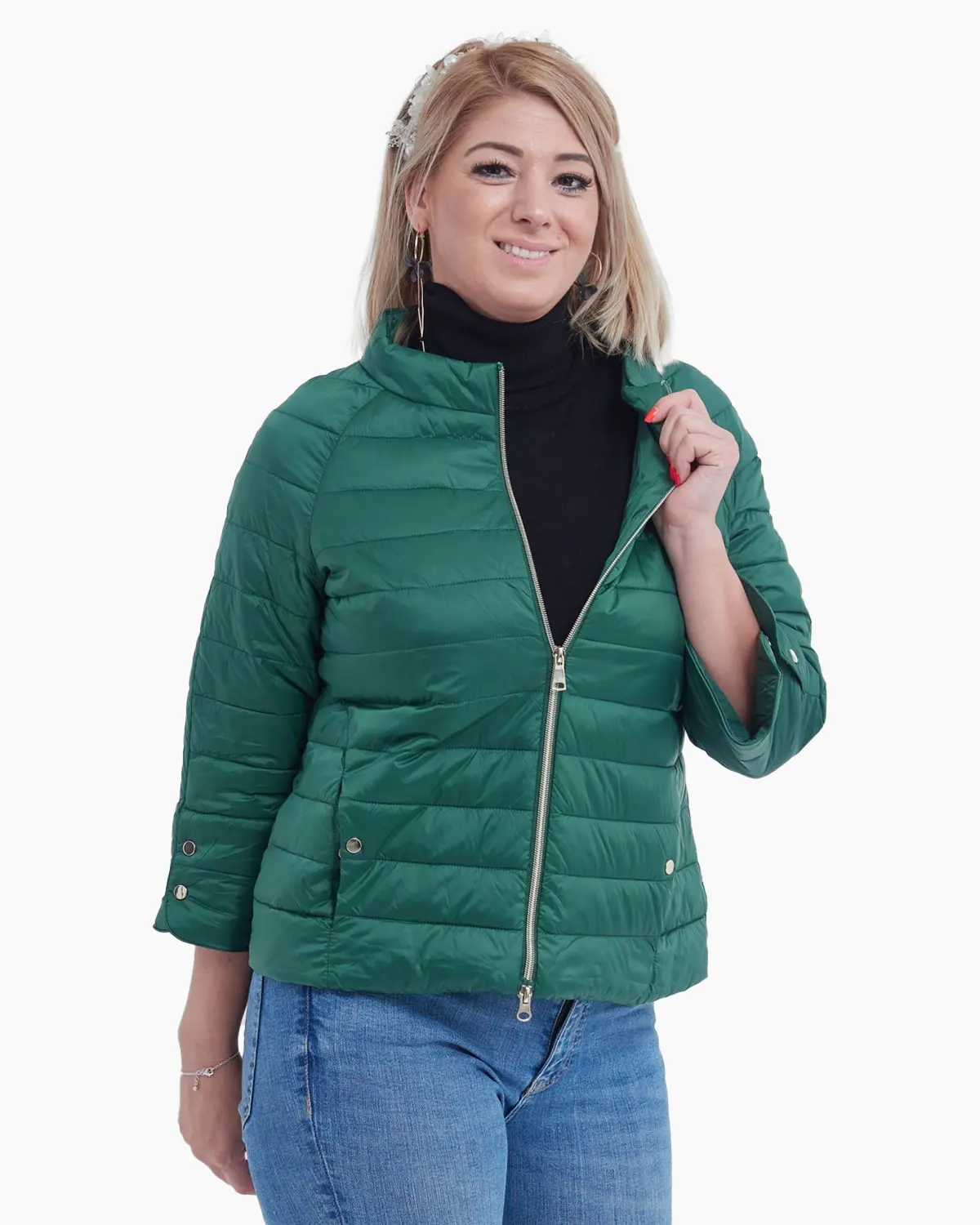 Geaca verde cu maneca trei sferturi accesorizate cu capse [2]